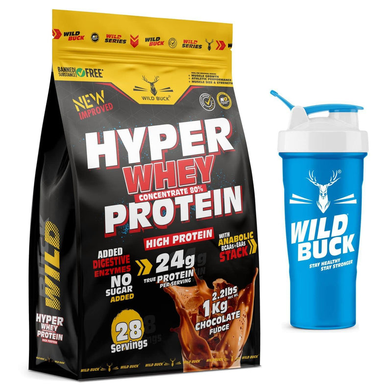 WILD BUCK Hyper Whey Protein Concentrate 80%, 24g High Protein, 6g BCAA, 6g EAA | Muscle-Building Whey Protein Powder | Sports Drink for Recovery & Muscle Growth | Men & Women | 100% Muscle Building Whey Protein [1kg, Chocolate Fudge] with Shaker