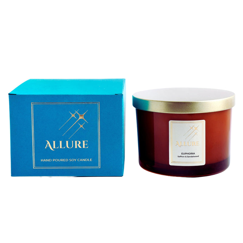 Allure Living Euphoria Luxury Saffron & Sandalwood Soy Candles Large 3 Wick Jar Candle | Up to 40 Hours Burning Time | Natural Soy Wax | Relaxing Aromatherapy Aesthetic Candle | Scented Candle