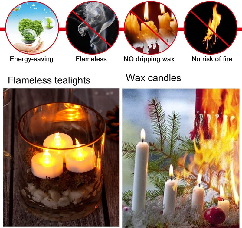 AMCUBE TECH Flameless LED Tealight - Realistic and Bright Flickering Longer Battery Operated Flameless LED Tea Lights Candles for Holiday, Weddings, Birthdays, Halloween, Christmas (White, Pack of 48)