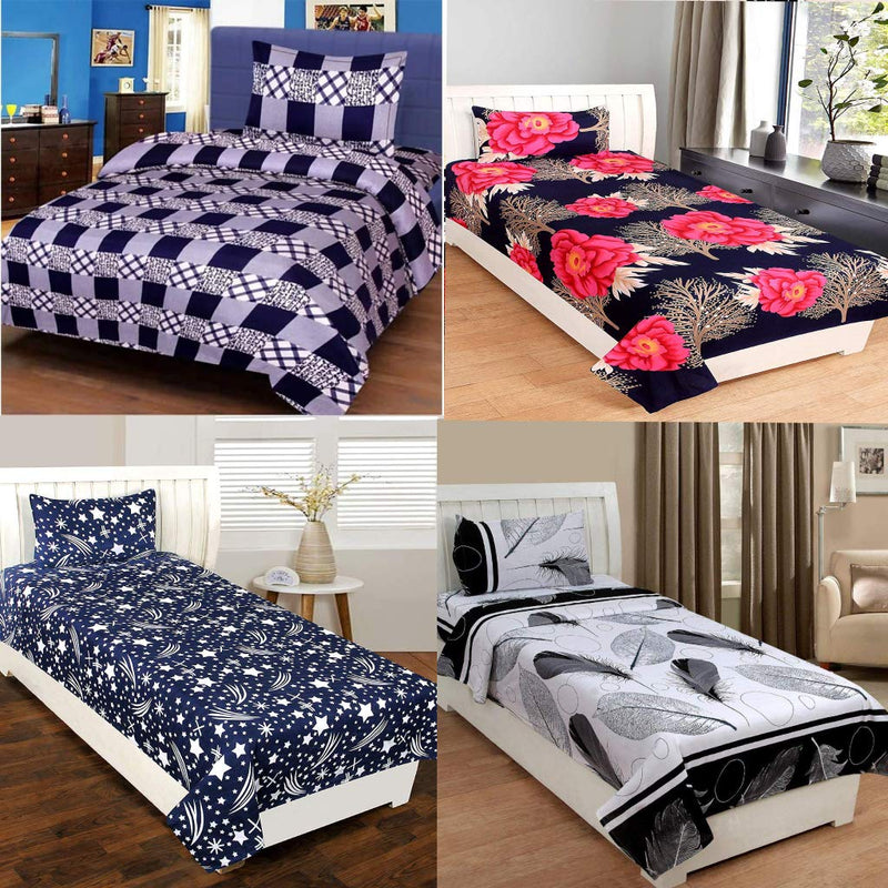 RN Home Furnishing 3D Printed 4 Single Bedsheets Combo with 4 Pillow Covers size-90x60 (Multi 24)