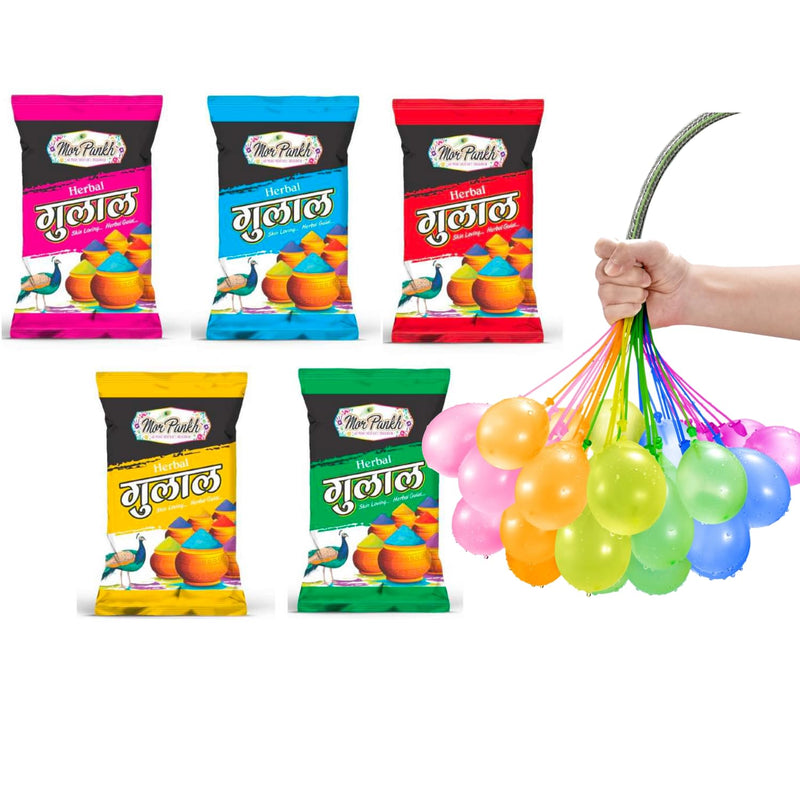 Nivasam Mor Pankh Herbal Holi Gulal + Water Balloons Combo - Holi Items- Pack of 5-80gm x 5 - Holi Gift Pack -for Family, Party, Silky, Soft & Skin Friendly, 100% Safe