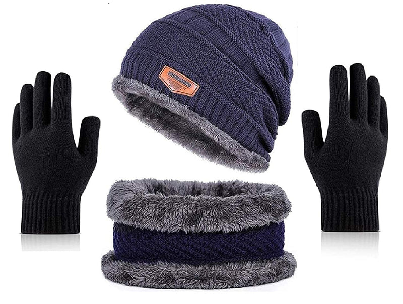 DIGITAL SHOPEE Winter Knit Beanie Cap Hat Neck Warmer Scarf and Woolen Gloves Set Skull Cap for Men/Women - (3 Piece Set, Navy Blue)