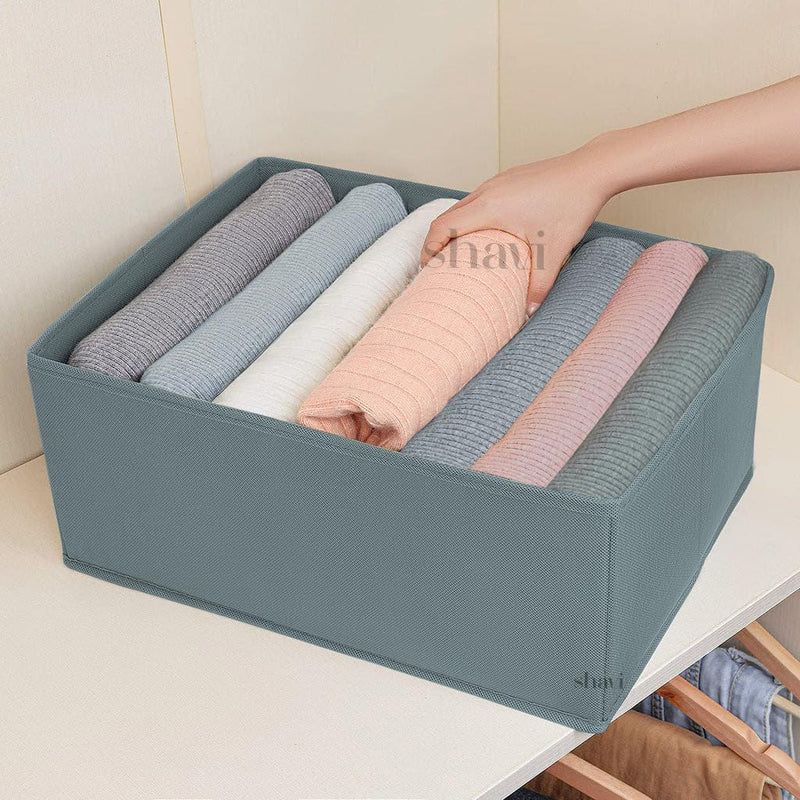 Shavi Bag 7 Grid Non Woven Wardrobe Clothes Organizer, Jeans Organizer for Wardrobe,Clothes Storage Box, Foldable Clothes Drawer Organizer for Wardrobe, Dresses, T-shirts (Pack of 3, Grey)