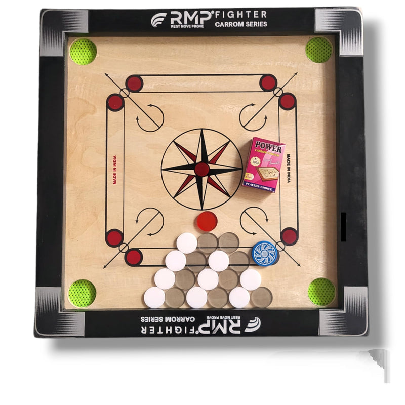 RMP Carrom Board for Kids 20 inches Glossy Finish with Carrom Board Coins Fiber, Carrom Board Striker and Magic boric Powder, Carrom Board for Play.