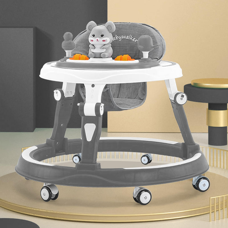 StarAndDaisy 360° Baby Walker Adjustable Height, Multi-Function Anti-Rollover Folding Walker with Height Adjustable 6-24 Months Baby Walker with Recreational Toy bar (Grey)