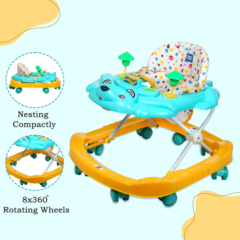 Mee Mee 360° Baby Activity Walker | 3 Level Adjustable Height, Foot Mat, Musical Detachable Toy Bar | Anti-Rollover Folding Walker for Boys, Girls, Kids | 6-18 Months 15kg (Green)