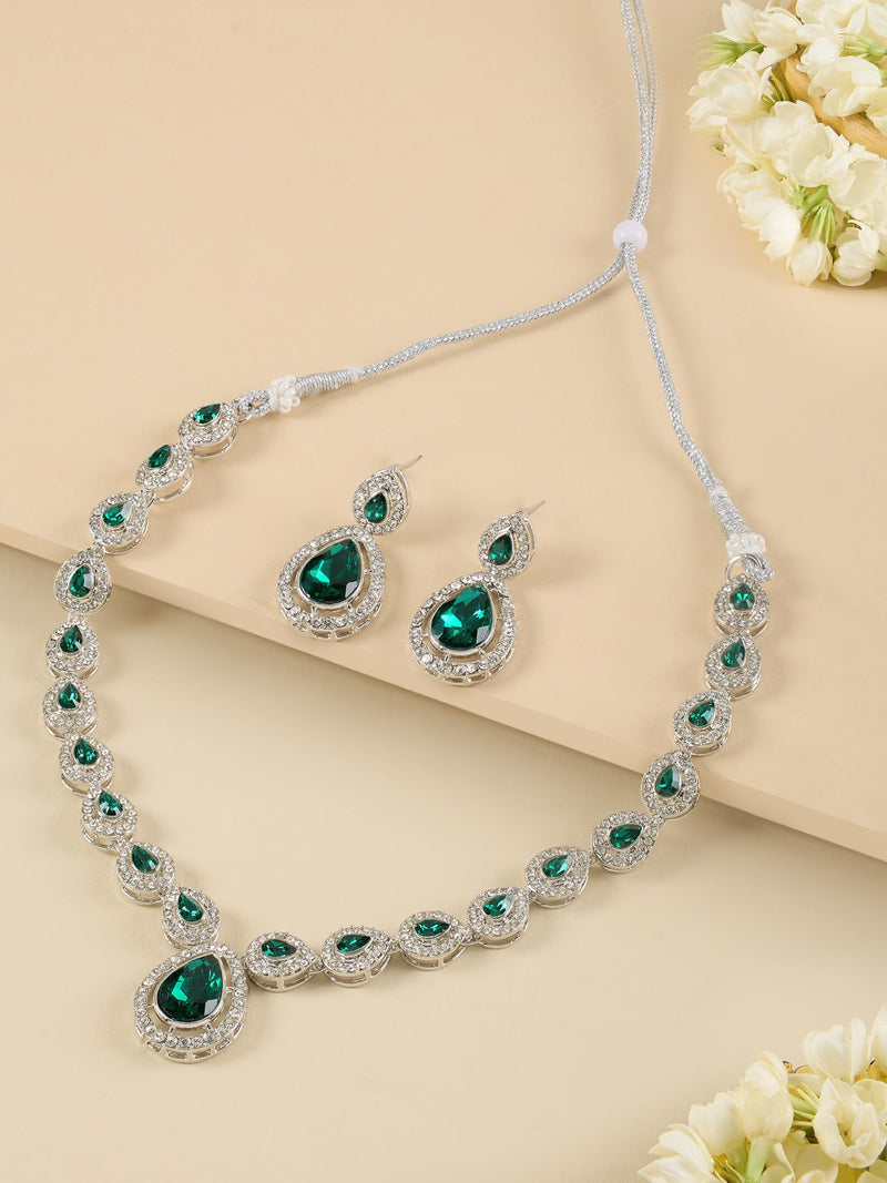 ZAVERI PEARLS Green Dazzling Austrian Diamonds Embellished Contemporary Necklace & Earring Set For Women-ZPFK18201