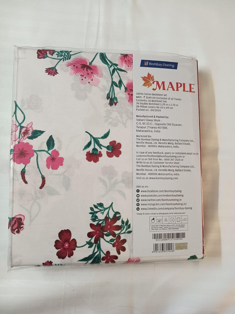 Bombay Dyeing Maple Super Queen Bedsheet Set, Floral Print, White