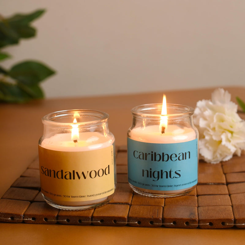 Aroma Scented Candles Gift Set of 2 Carribean Nights & Sandalwood Scented Candle | Scented Candles for Home Decor Decoration Living Room Hall Bedroom | 110g, 100% Pure White Soy Wax | Set of 2