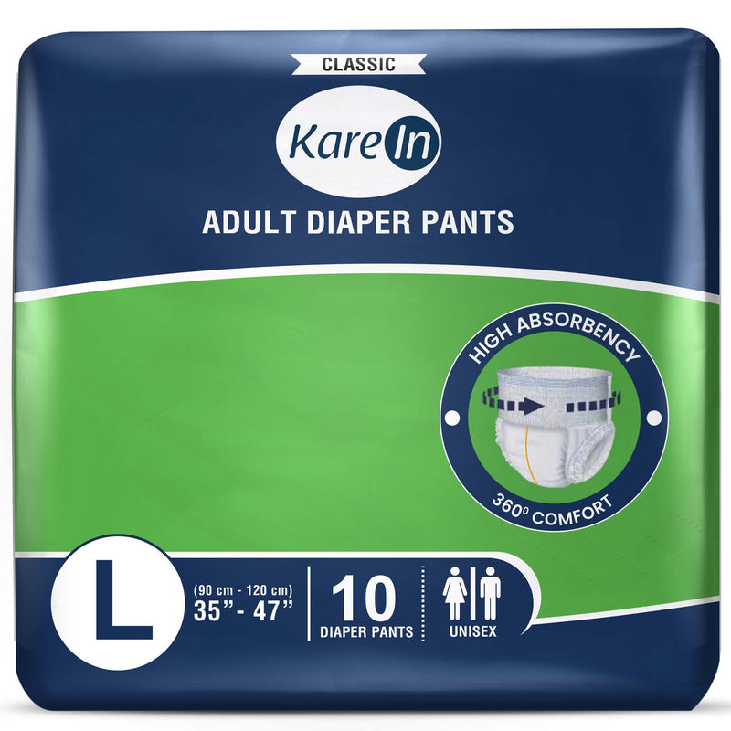 KareIn Classic Adult Diaper Pants, Large 90-120 Cm (35"- 47"), Unisex, Leakproof, Elastic Waist, Wetness Indicator, 10 Count