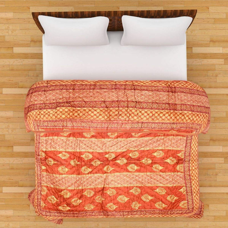 SVT Jaipuri Light Weight Pure Cotton Rajasthani Single Side Print Double Bed Quilt (Double,RED & ORENGE)