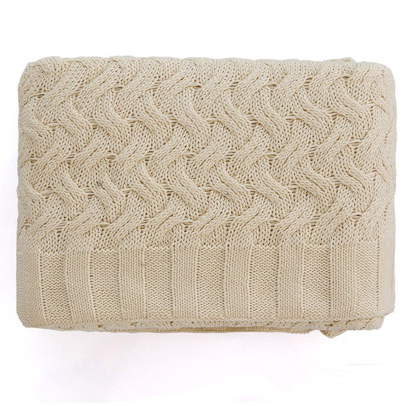 Pluchi Criss Cross Cotton Knitted All Season AC Throw Blanket in Natural Color ((125 cm x 150 cm))