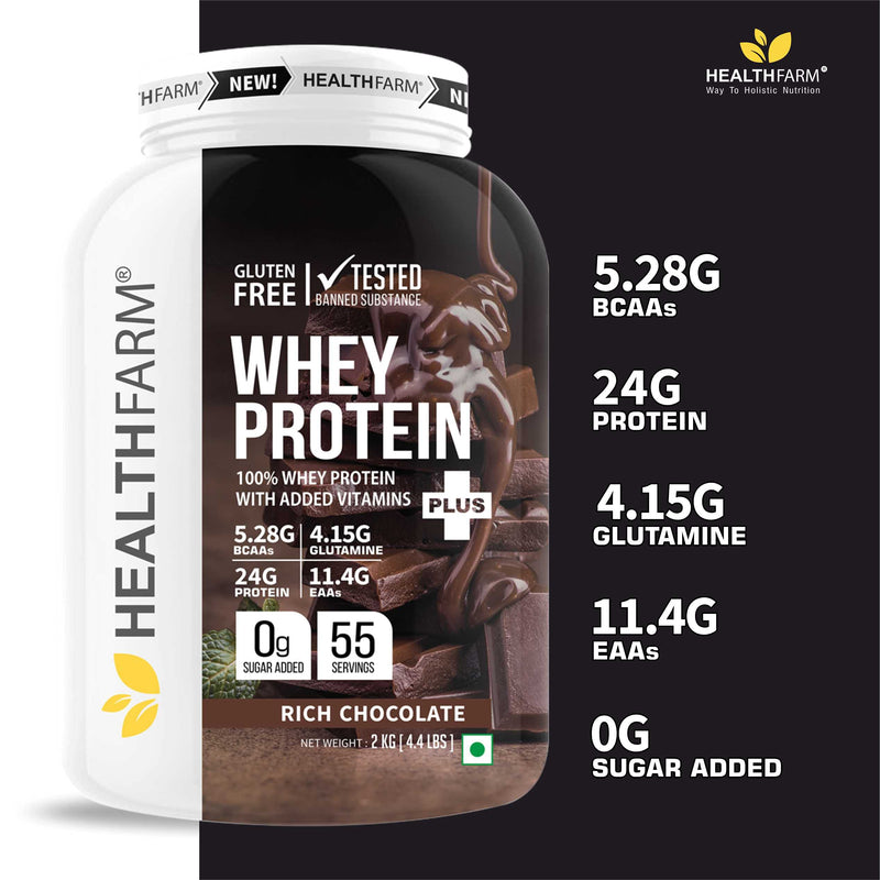 HEALTHFARM Whey Protein Plus with added vitamins, 24g Protein Per Serving, Build Lean and Bigger Muscle (Flavour-Rich Chocolate, 2kg-4.4lbs)