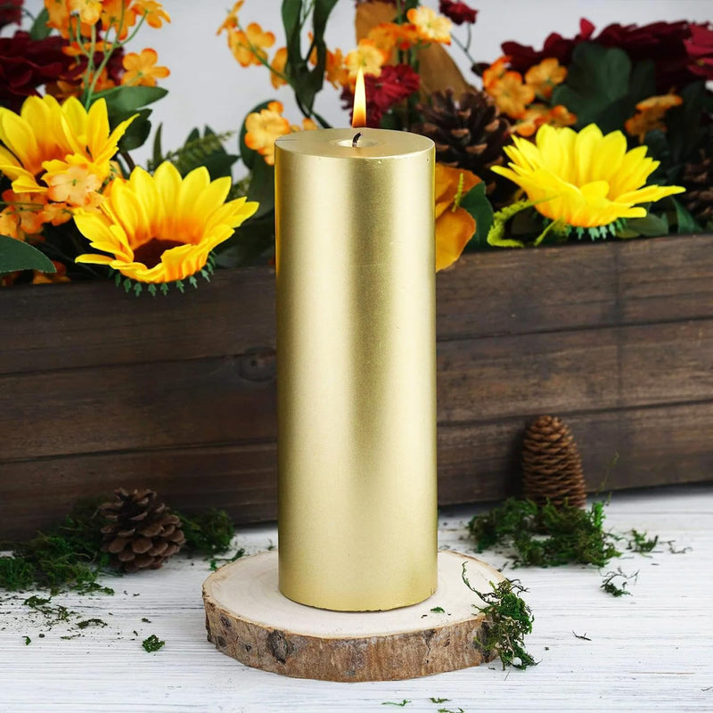 Atorakushon Set of 2 Round Metallic Golden Tall Pillar Candles 5'' Inches Smokeless Dinner Candles for Household Weddings Birthday Party Spa Church Home Décor Gift Valentines