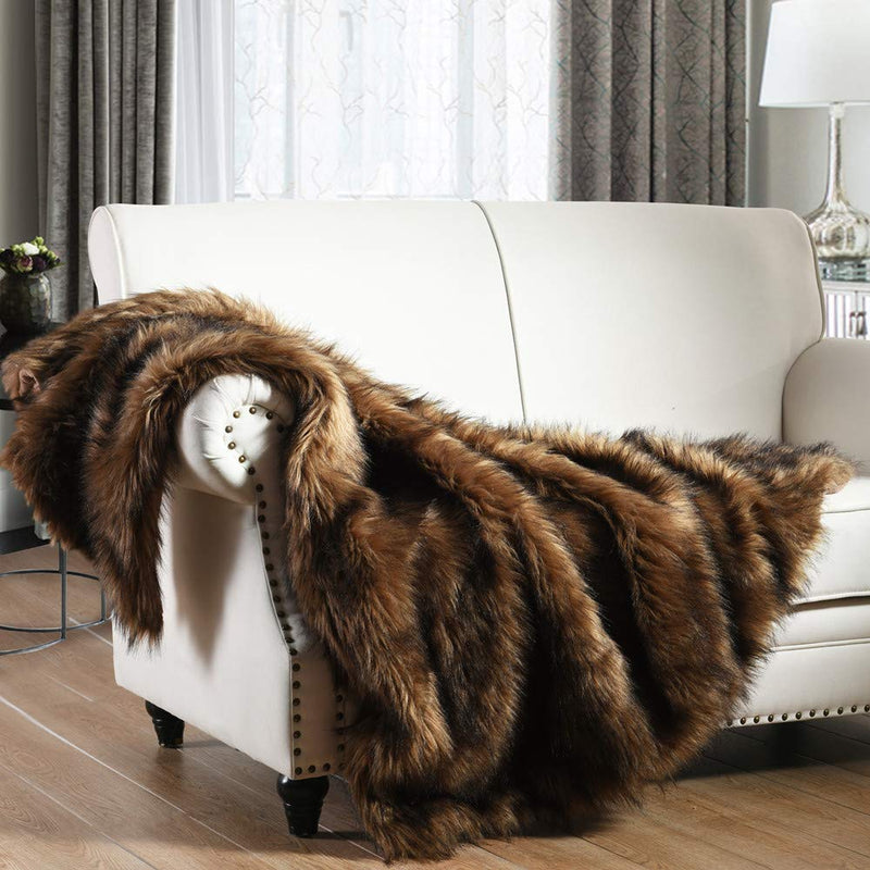 HORIMOTE HOME Luxury Plush Faux Fur Throw Blanket, Long Pile Brown with Black Tipped Blanket, Super Warm, Fuzzy, Elegant, Fluffy Decoration Blanket Scarf for Sofa, Armchair, Couch and Bed, 50'x 60'