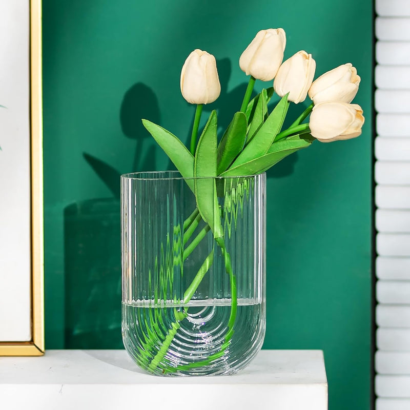 BELLU Clear Ribbed Glass Flower Vase, 7.3" H Modern Small Vase, Ellipse U Shaped Fluted Striped Decorative Vase, Fit for Home Living Room Table Decor (Open:5" x 2.6")