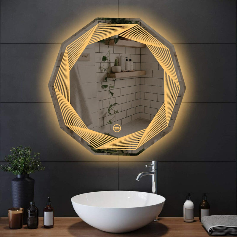 Spark Glass Round LED Sensor Mirror. (LedColour: White, Warm White, & Mix Light) - (Size:24x24 Inch)