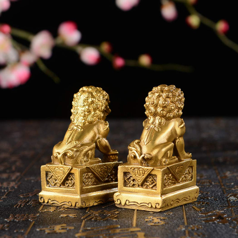 2.8in(H) Fengshui Brass Pair of Fu Foo Dogs Guardian Lion Statues Housewarming Congratulatory to Ward Off Evil Energy ZD099