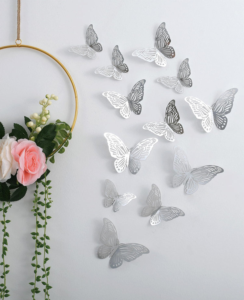 Indian Royals Silver Butterfly Self Adhesive Living Room Bedroom Kitchen Decor Wall Sticker (Set of 12, Pack of 1)