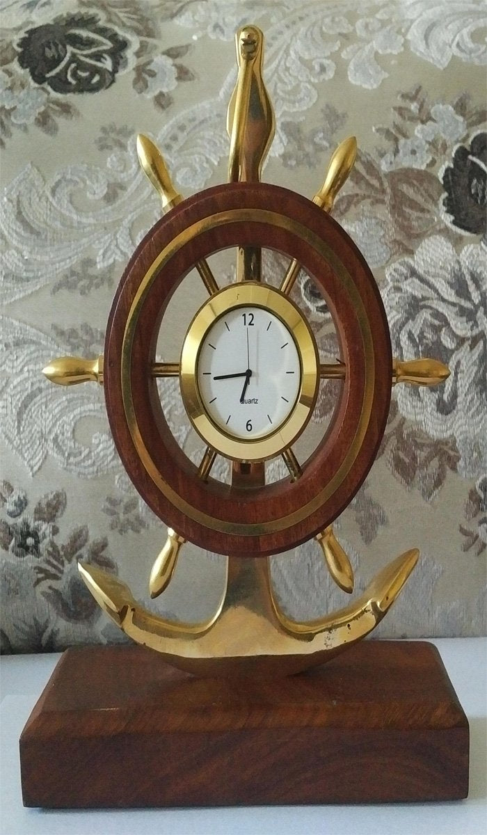 Antique Gifts Shipwheel Anchor Clock Brass Wooden Base Classic Table Top Excellent Gift Desktop Decor Utility Product