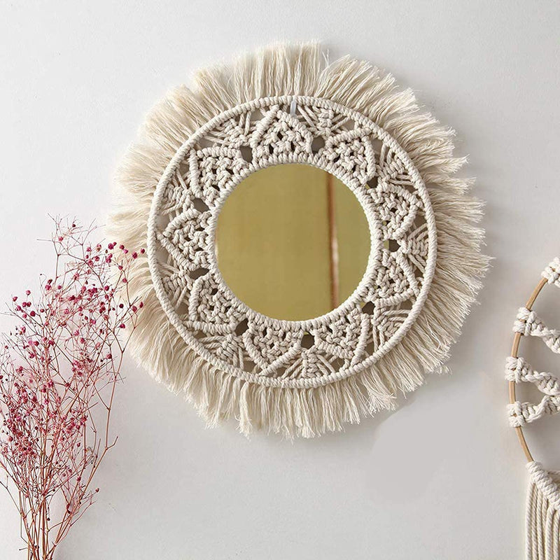 Waterlily House's Macrame Wall Hanging with Fringe Round Mirror For Living Room, Off- White (WH-2023) Unframed