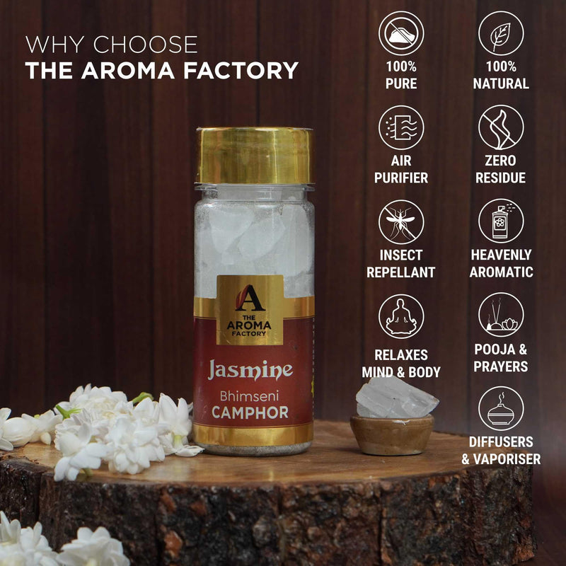 The Aroma Factory Pure Bhimseni Camphor, Jasmine, Zero Residue Kapoor with Fragrance for Pooja, Aarti Kapur | Bottle Pack of 1 x 80gm