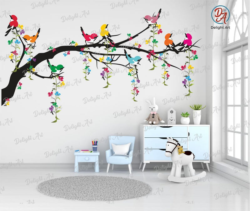 Delight Art Tree with Birds Design Flower Leaf Wall Sticker Bedroom, Windows Living Room Waterproof Wall Sticker (101CM X 58CM), Vinyl