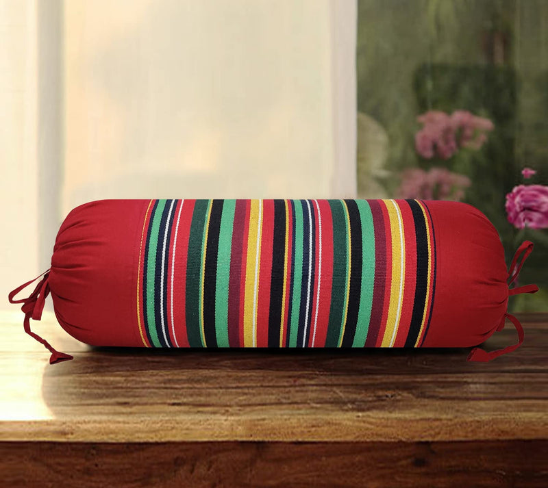 SAJAVAT HOME Pure Cotton Stripe Printed Bolster Pillow Cover | 15X30 Inches / 38X76 Cms | Barn Red (Pack Of 1), 500 TC