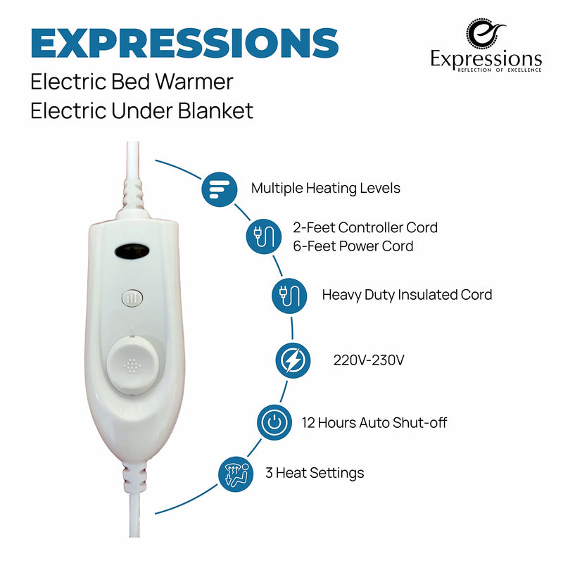 Expressions Polar Electric Bed Warmer - Electric Under Blanket - Single Bed Size (150cms x 80cms) with 3 Heat Settings & Dual Safety Feature with Over Heat Protection - Color: Dark Blue