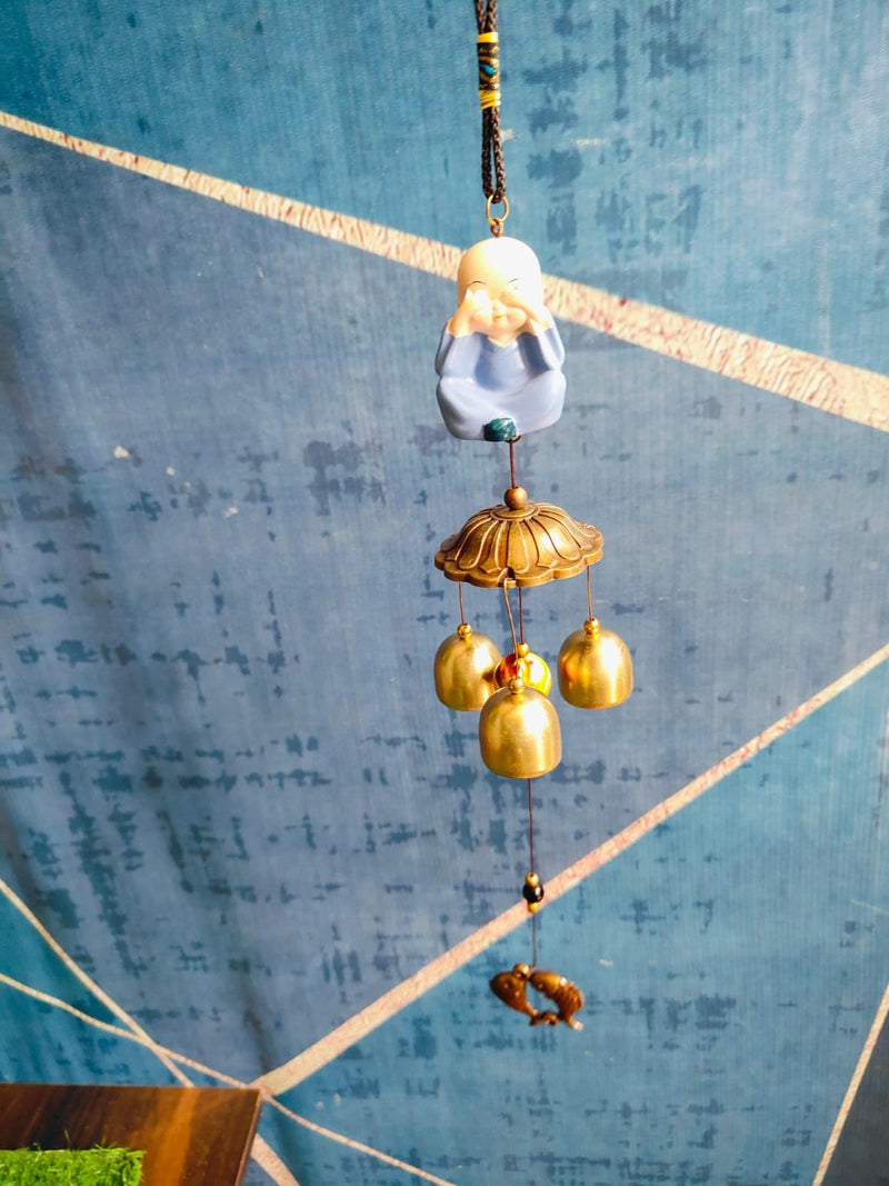 WoodHub Buddha Wind Chime for Home Positive Vibes | 3 Brass Bells Hanging Wind Chime | Home Decor Items