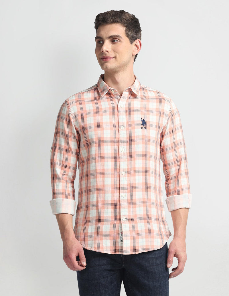 U.S. POLO ASSN. Men's Checkered Slim Fit Shirt (UDSHT0931_Peach