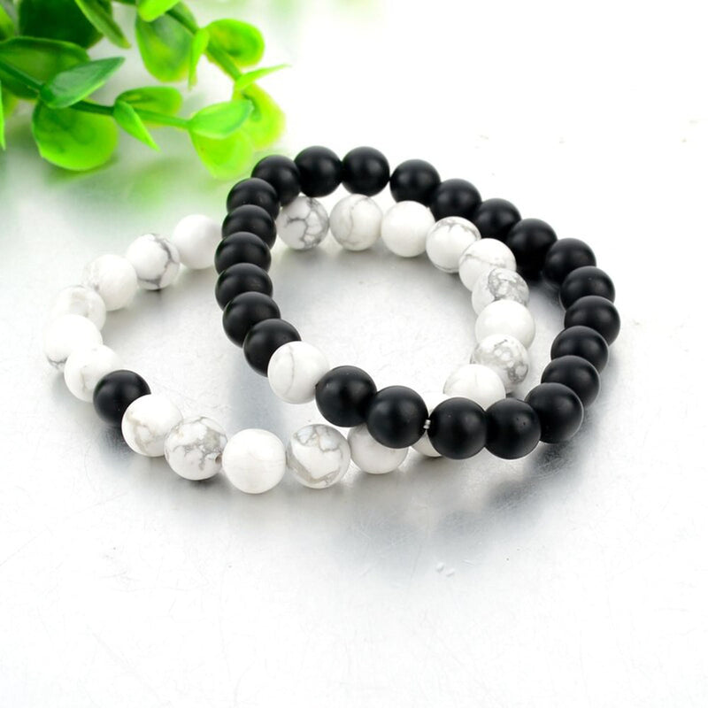 Fashion Frill Stylish Couple Bracelets Black & White Red Natural Stone Onyx Stretchable Wrist Band Heart Magnetic Bracelet For Women Men Boys Girls Love Gifts Friendship Bracelets