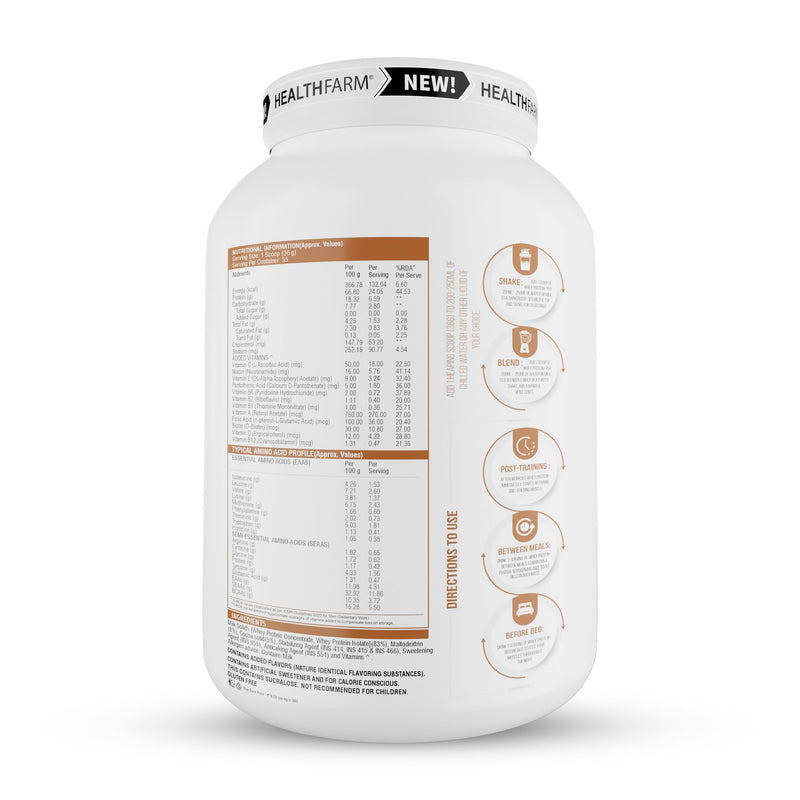 HEALTHFARM Whey Protein Plus With Added Vitamins|58 SERVINGS|24f Protein Per Serving |Build Lean and Bigger Muscles (IRISH COFFEE, 2KG-4.4 lbs)