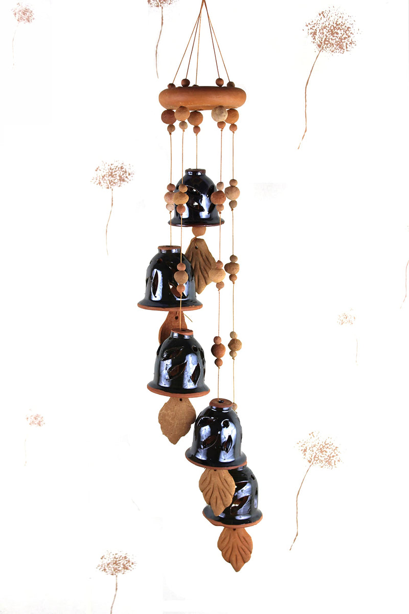 Terracotta Ceramic Coated Black Wind Chime (Five Bells) Ring Design Handmade Craft with Great Melodious Sound Bells