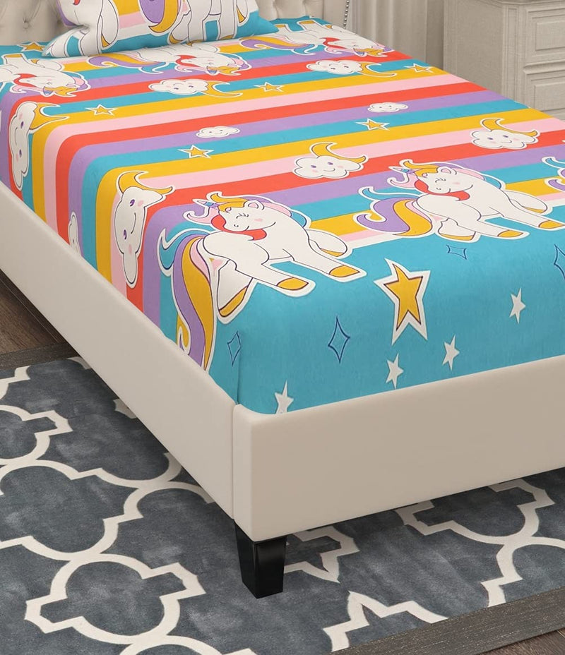 VOMZER Homes- Luxury Cutie Glace Cotton Cartoon Printed Size Single Bed Bedsheet with 1 Pillow Cover (Unicorn Aqua, Single, Pack of 1)