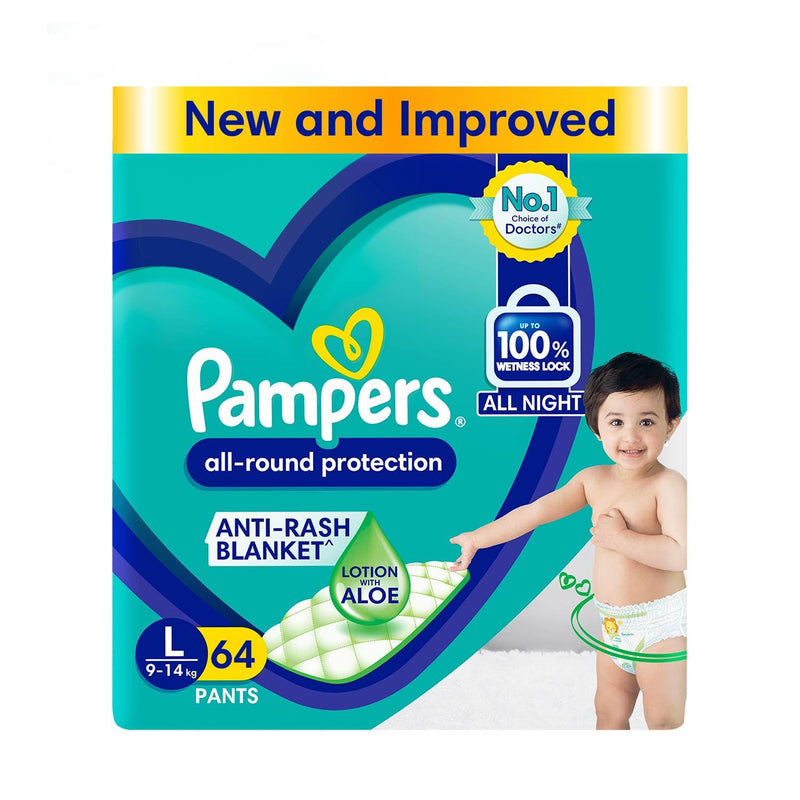 Pampers All round Protection Pants Style Baby Diapers, Large (L) Size, 64 Count, Anti Rash Blanket, Lotion with Aloe Vera, 9-14kg Diapers