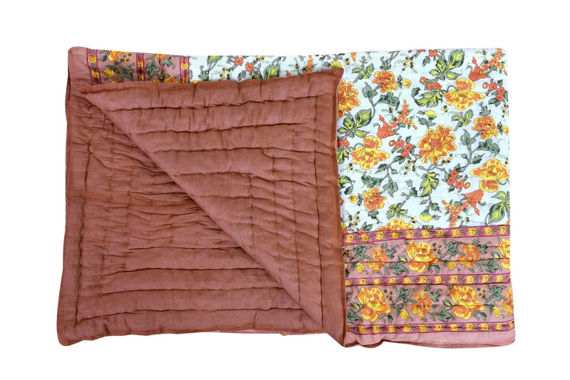 Namaste India Pure Cotton Jaipuri razai rajai Traditional sanganeri Print Single Bed Quilt Blanket (Orange)