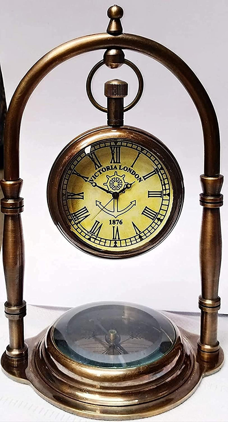 Handmade Antiques Brass Table Top Clock Desk Clock Nautical Maritime Clock Base Direction Compass Home & Office Decor Gift Item