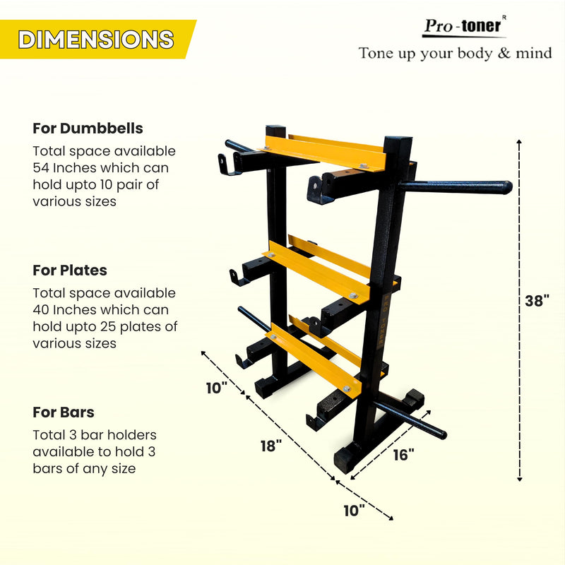 Protoner 3 in 1 Dumbbell Rack, Plate Stand and bar Holder (Black and Yellow)