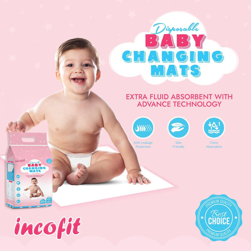 Incofit Baby Disposable Underpad | Changing Mats | Changing Pads | Baby Waterproof Pads | Waterproof Diaper | Breathable Underpads | Bed Protector With 100% Water Proof Non Slip Back Sheet -Size : 60 Cm * 45 Cm - PACK OF 1 ( 20 COUNTS )