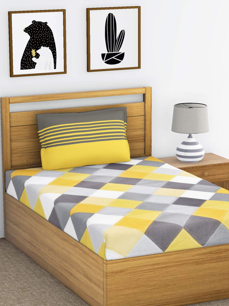 Ahmedabad Cotton 144 TC Cotton Single Bedsheet with 1 Pillow Cover - Yellow and Grey