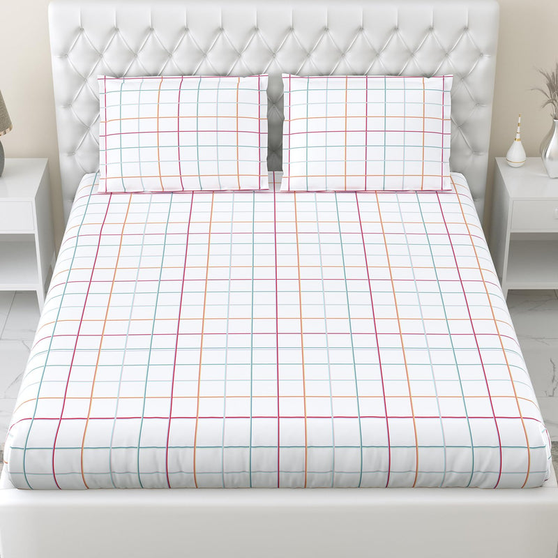 Haus & Kinder Bedsheet for Double Bed, Elastic Fitted King Size | 186 TC 1 Fitted Elastic Bed Sheet for King Size Bed and 2 Pillow Covers (72 X 78 Inches + 13 Inches Deep Pocket) | Rainbow Checks