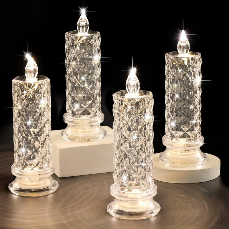 The Decor Affair 4 Pcs Rose Shadow Flameless Candles 2.5 x 7 Inches - Flickering Crystal Pillar Candles with Long-Lasting Batteries for Romantic LED Ambiance on Valentine's Day