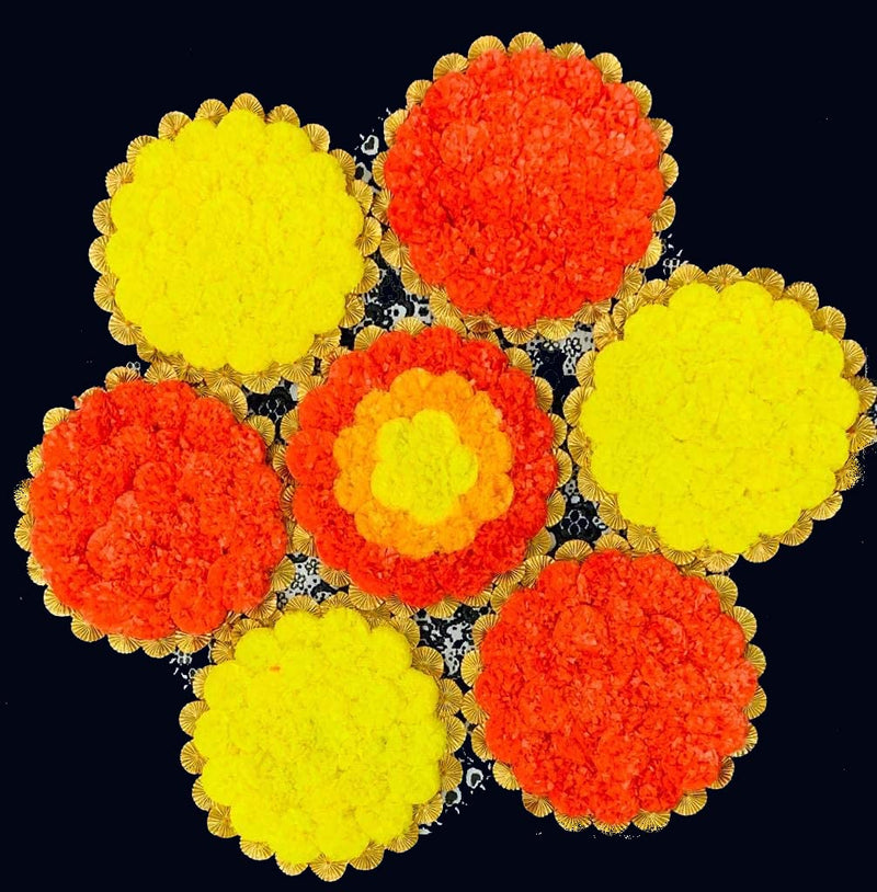 Kesri Gifts Artificial Marigold Flower Design Round Mat Rangoli Aasan Tea Light Diya Holder for Diwali & Festival Decoration (7 Pcs)(t228-7)