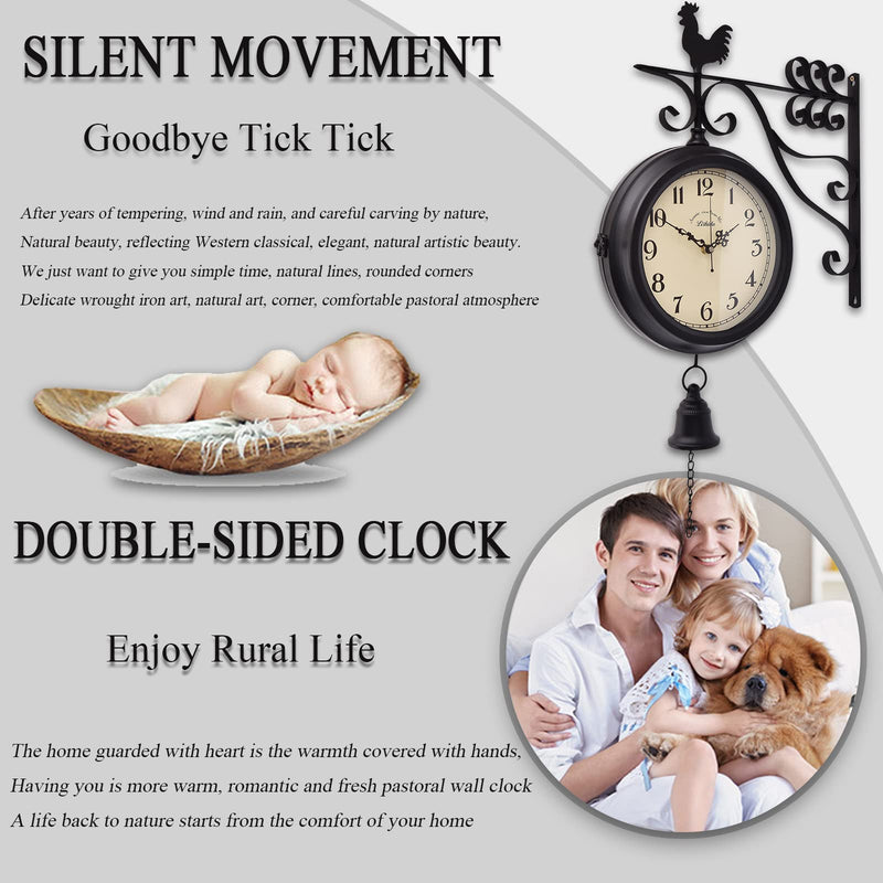 Outdoor Double Sided Clock Double Sided Hanging Clock for Patio Garage Outdoor Area Antique Train Station Clock Two Sided Clock for Indoors/Outdoors