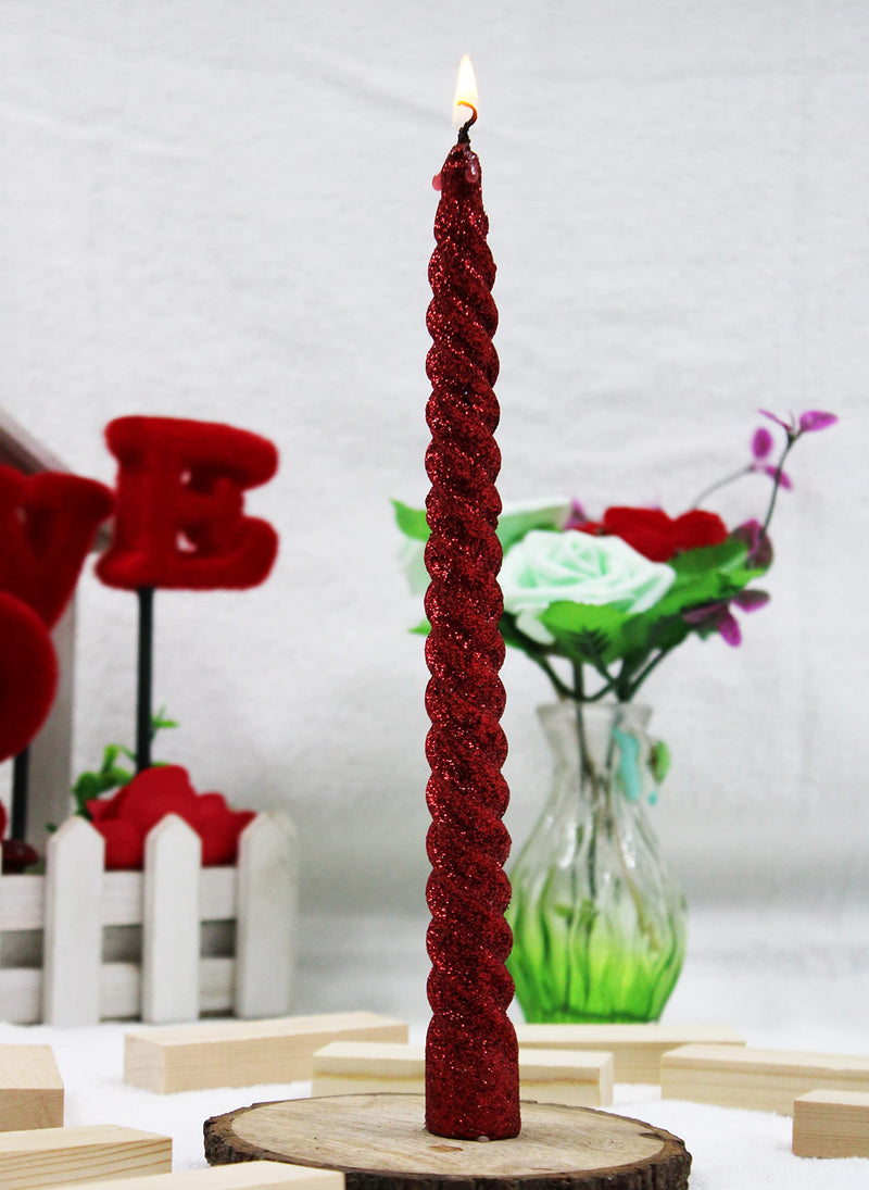 atorakushon Spiral Taper Stick Candles Handmade Glitter Twisted Candles-Set of 8 for Decoration Weddings Party Church Dripless Candles10 inch (Red)