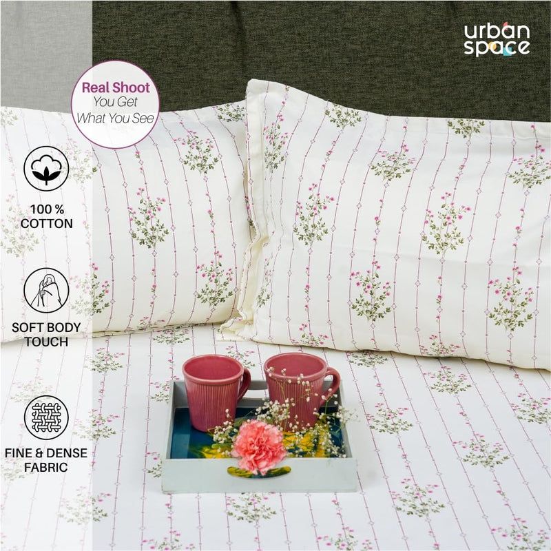 Urban Space Serene 100% Cotton 200 TC Printed Bedsheet for Single Bed with 1 Pillow Cover (Size 58 x 90 inches, Sedum Pink)