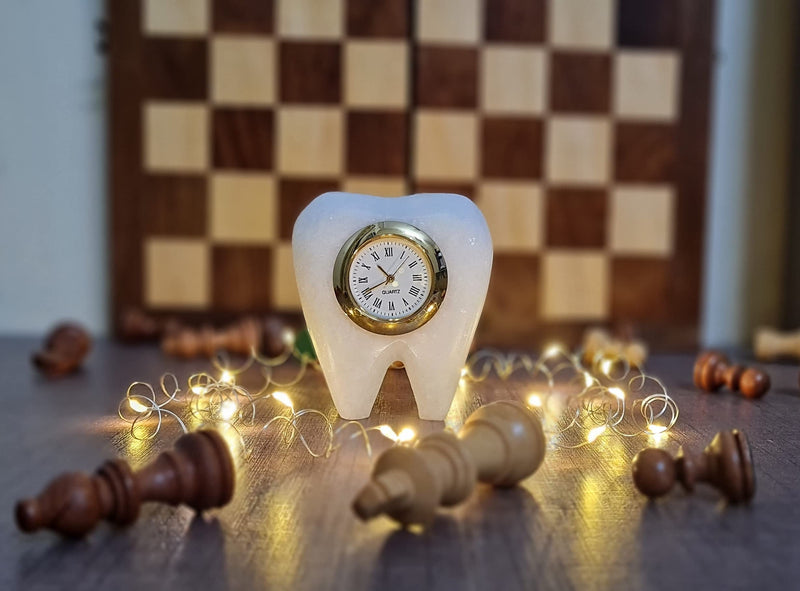 SAUDEEP INDIA Tooth Shape Dentist Desk Marble Table Clock for Decor and Paper Weight, Ideal for Dentists and Doctors- Multicolour