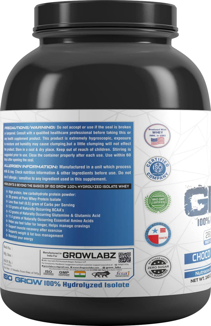 GrowLabz Iso Grow Hydrolyzed isolate 1kg Choco Fudge 30 Serving Support Muscle Recovery