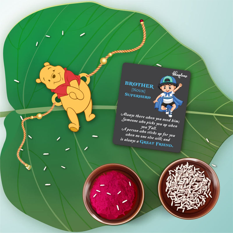 Bhai Please Winnie Pooh Rakhi with Brother is Superhero Fridge Magnet (Gift Combo for Bhai/Bhaiya) | Set of 1 pc Rakhi with Roli- Chawal and Fridge Magnet | With Raksha Bandhan Greetings